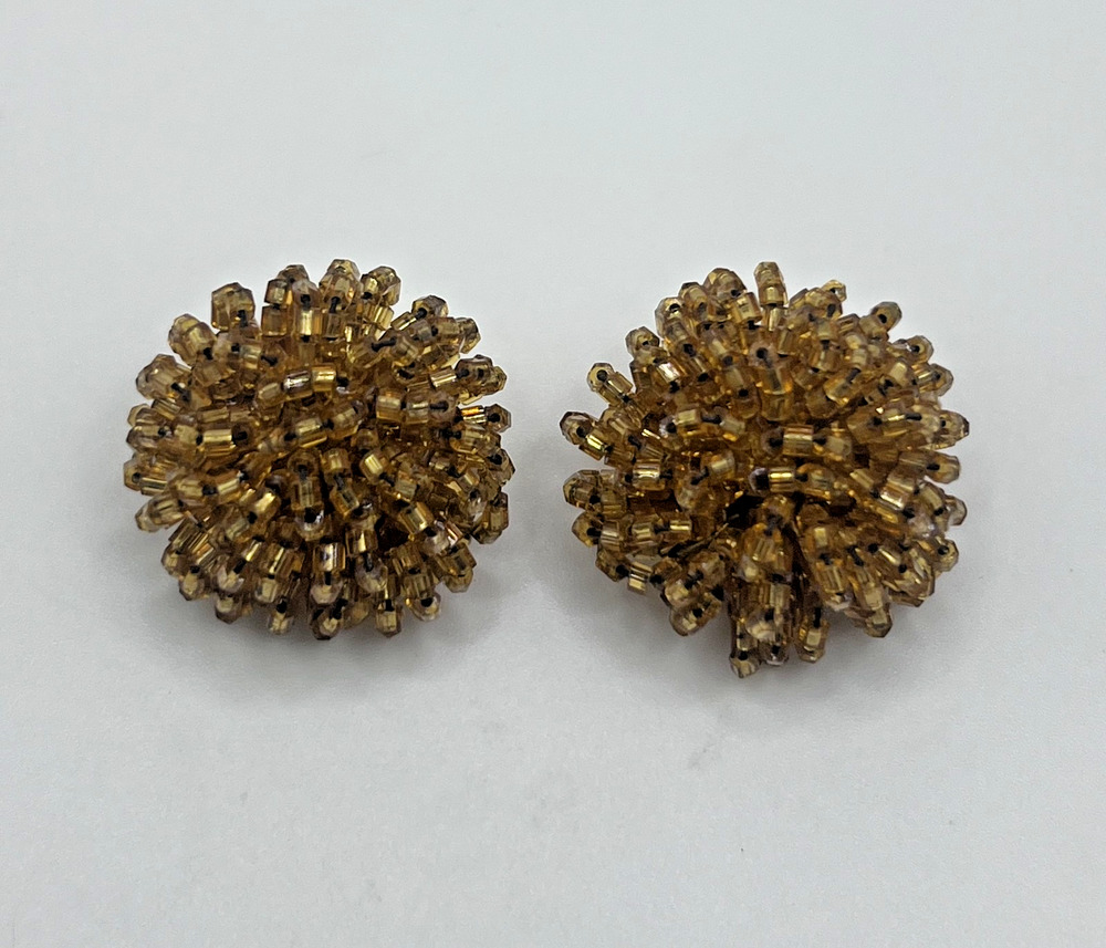 Vintage Dark Gold Glass Seed Bead Pom Pom Cluster Clip On Costume Earrings MCM